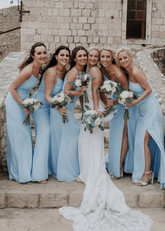 Zenobia | Chic Sheath Light Blue Chifon Maxi Bridesmaid Dress with Slit and One Shoulder - Price #price_variant_lowest# - Light Blue - PromDressClub